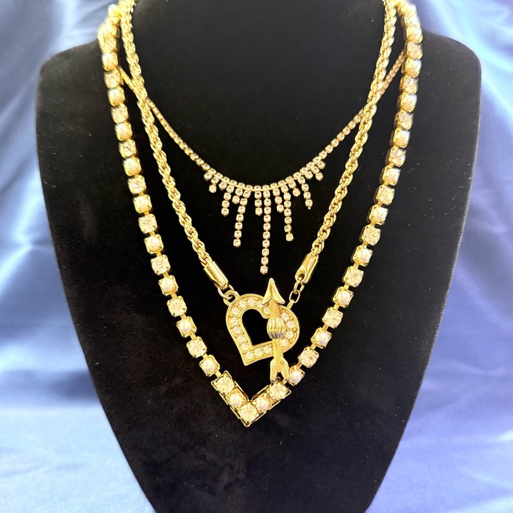 3 Gold and Rhinestone Necklaces